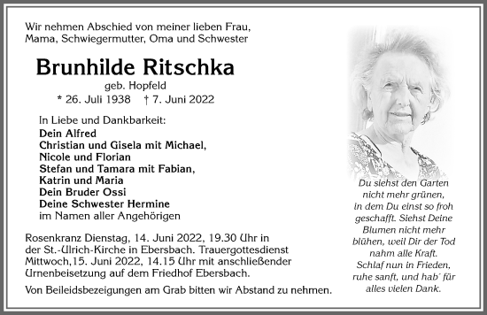 Traueranzeige von Brunhilde Ritschka von Allgäuer Zeitung, Marktoberdorf