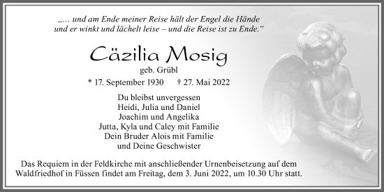 Traueranzeige von Cäzilia Mosig von Allgäuer Zeitung, Füssen