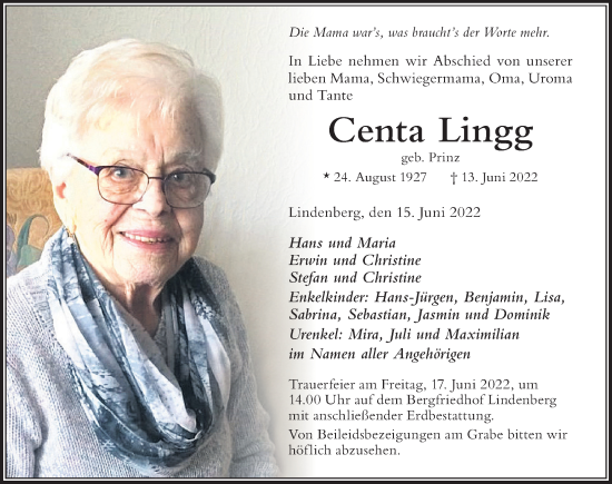 Traueranzeige von Centa Lingg von Der Westallgäuer