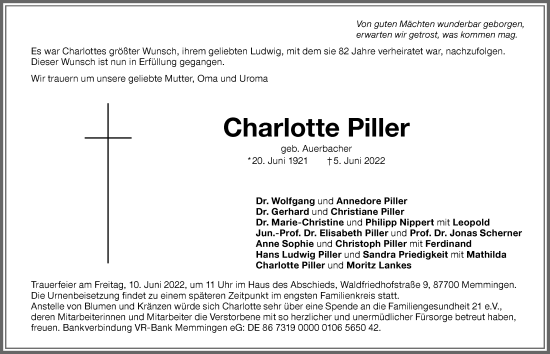 Traueranzeige von Charlotte Piller von Memminger Zeitung