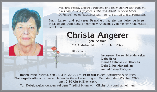 Traueranzeige von Christa Angerer von Allgäuer Zeitung, Kaufbeuren/Buchloe