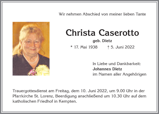 Traueranzeige von Christa Caserotto von Allgäuer Zeitung,Kempten