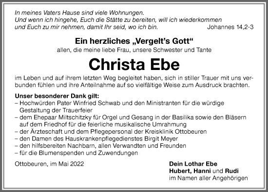 Traueranzeige von Christa Ebe von Memminger Zeitung