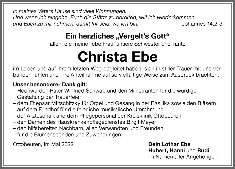  Traueranzeige für Christa Ebe vom 04.06.2022 aus Memminger Zeitung