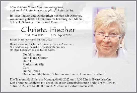 Traueranzeige von Christa Fischer von Allgäuer Zeitung, Marktoberdorf