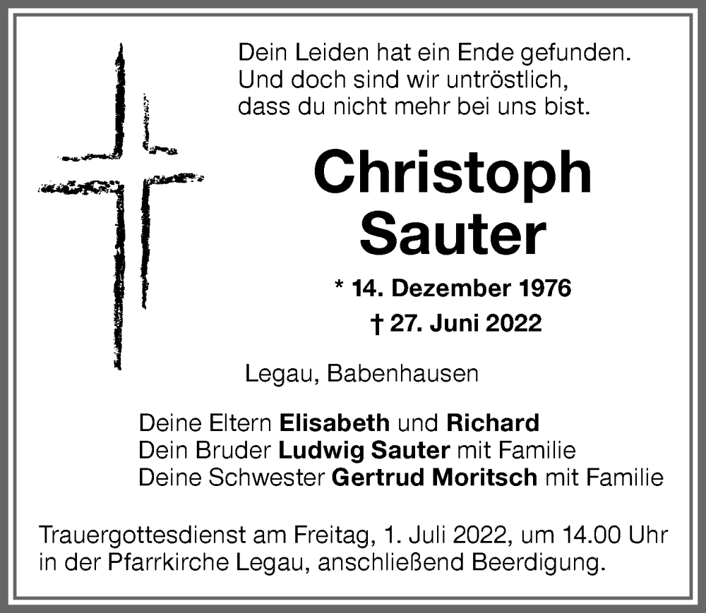  Traueranzeige für Christoph Sauter vom 30.06.2022 aus Memminger Zeitung