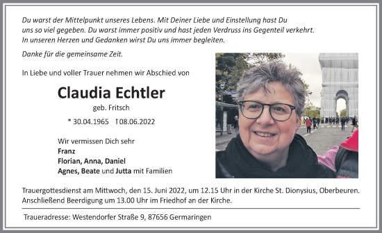 Traueranzeige von Claudia Echtler von Allgäuer Zeitung, Kaufbeuren/Buchloe