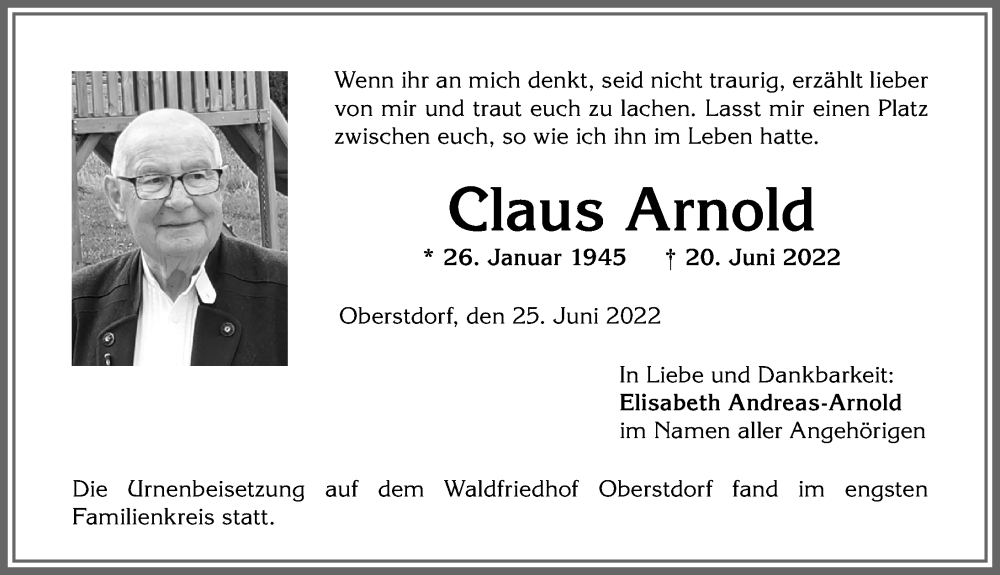  Traueranzeige für Claus Arnold vom 25.06.2022 aus Allgäuer Anzeigeblatt