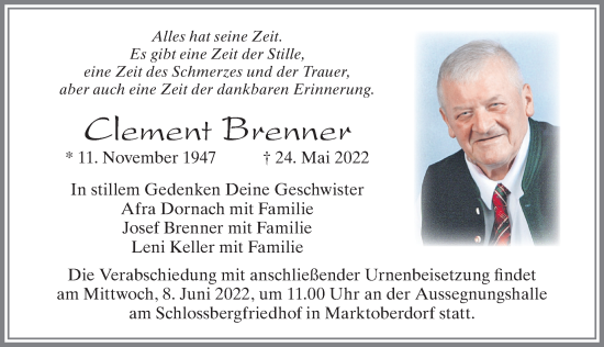 Traueranzeige von Clement Brenner von Allgäuer Zeitung, Marktoberdorf