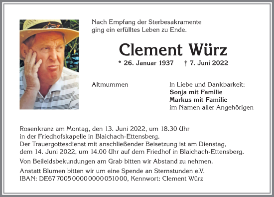Traueranzeige von Clement Würz von Allgäuer Anzeigeblatt