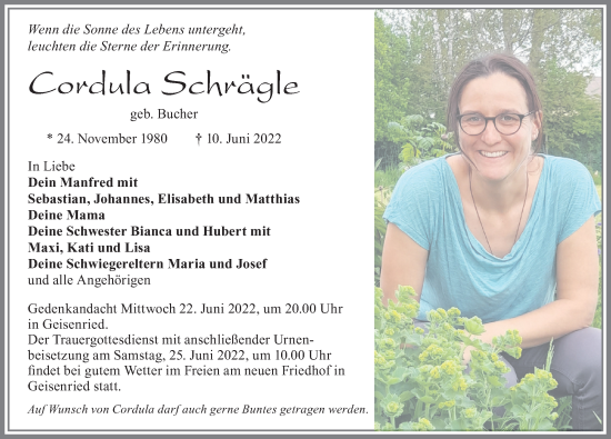 Traueranzeige von Cordula Schrägle von Allgäuer Zeitung, Kaufbeuren/Buchloe