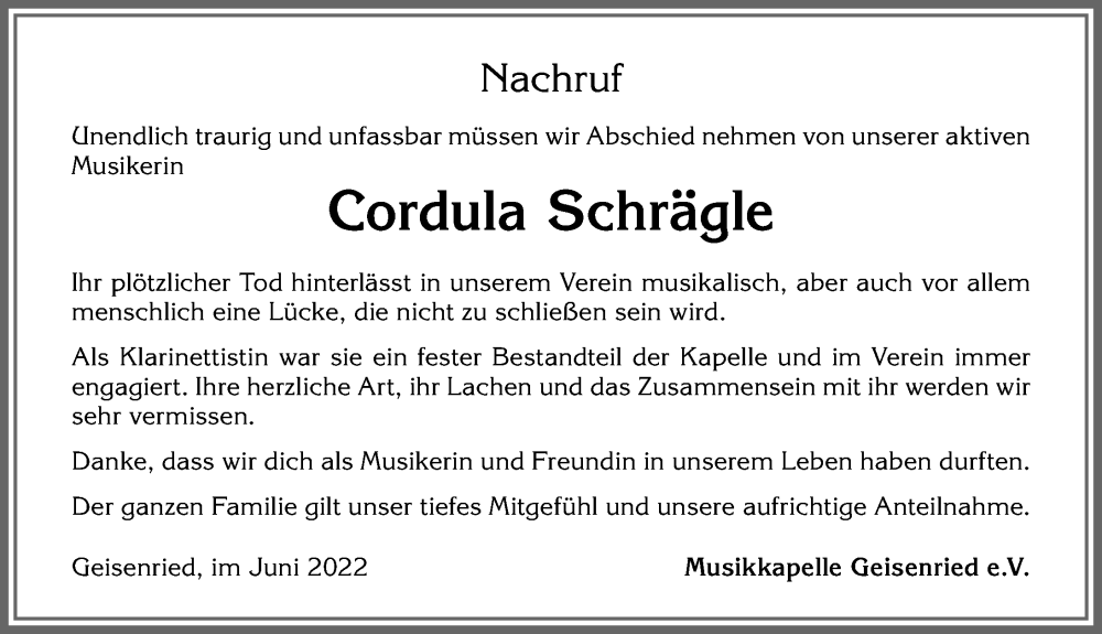  Traueranzeige für Cordula Schrägle vom 21.06.2022 aus Allgäuer Zeitung, Marktoberdorf