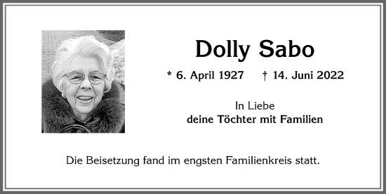 Traueranzeige von Dolly Sabo von Allgäuer Zeitung, Kaufbeuren/Buchloe