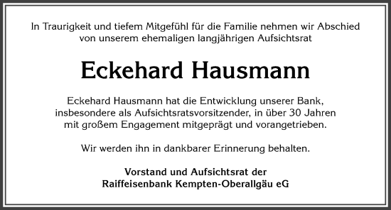 Traueranzeige von Eckehard Hausmann von Allgäuer Anzeigeblatt