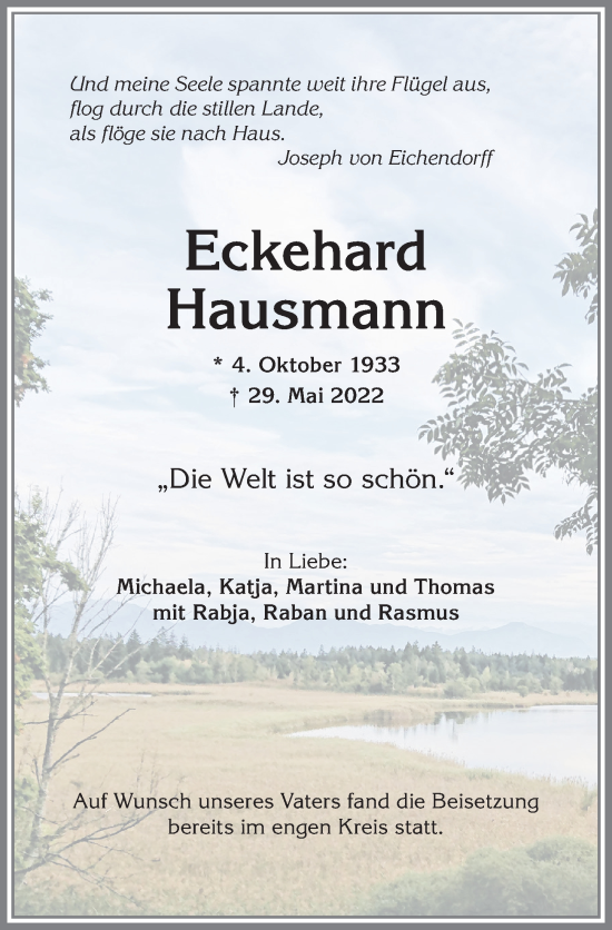 Traueranzeige von Eckehard Hausmann von Allgäuer Anzeigeblatt