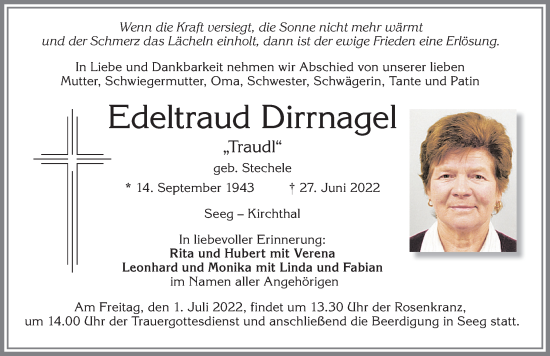 Traueranzeige von Edeltraud Dirrnagel von Allgäuer Zeitung, Füssen