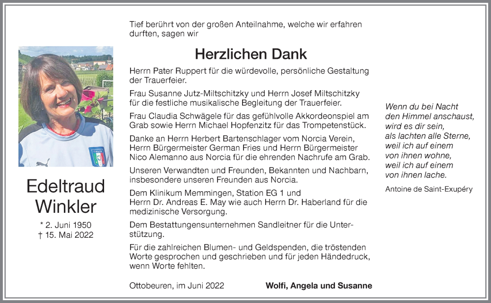  Traueranzeige für Edeltraud Winkler vom 02.06.2022 aus Memminger Zeitung