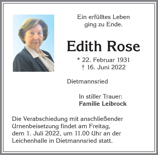 Traueranzeige von Edith Rose von Allgäuer Zeitung,Kempten