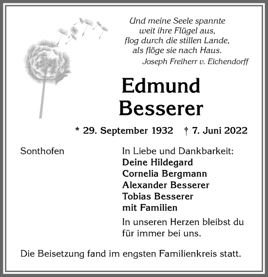 Traueranzeige von Edmund Besserer von Allgäuer Anzeigeblatt