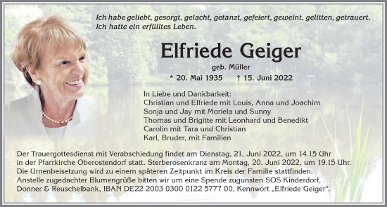 Traueranzeige von Elfriede Geiger von Allgäuer Zeitung, Kaufbeuren/Buchloe