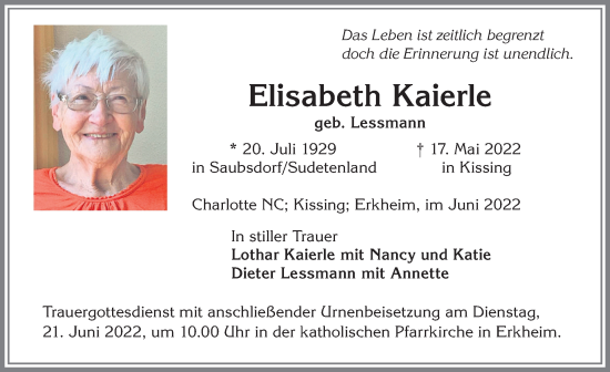 Traueranzeige von Elisabeth Kaierle von Memminger Zeitung