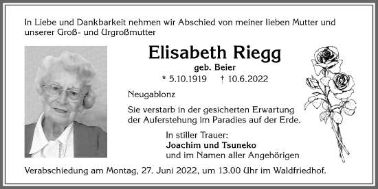 Traueranzeige von Elisabeth Riegg von Allgäuer Zeitung, Kaufbeuren/Buchloe