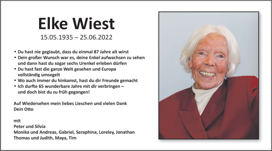 Traueranzeige von Elke Wiest von Der Westallgäuer
