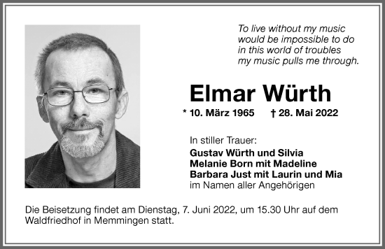 Traueranzeige von Elmar Würth von Memminger Zeitung