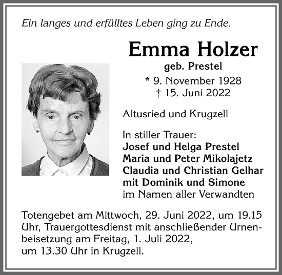 Traueranzeige von Emma Holzer von Allgäuer Zeitung,Kempten
