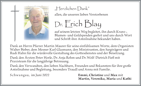 Traueranzeige von Erich Blay von Allgäuer Zeitung, Füssen
