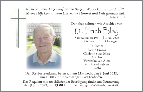 Traueranzeige von Erich Blay von Allgäuer Zeitung, Füssen