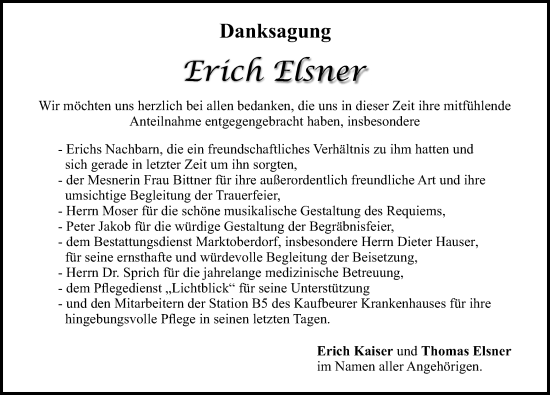 Traueranzeige von Erich Elsner von Allgäuer Zeitung, Marktoberdorf