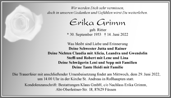 Traueranzeige von Erika Grimm von Allgäuer Zeitung, Füssen