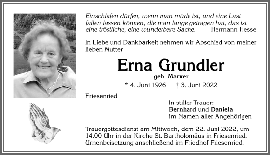 Traueranzeige von Erna Grundler von Allgäuer Zeitung, Kaufbeuren/Buchloe