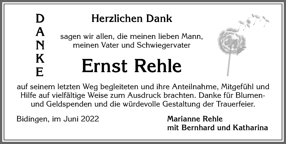  Traueranzeige für Ernst Rehle vom 04.06.2022 aus Allgäuer Zeitung, Marktoberdorf
