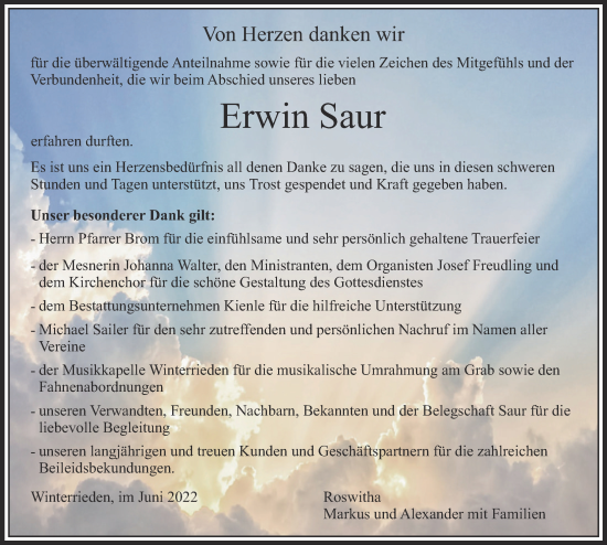 Traueranzeige von Erwin Saur von Memminger Zeitung