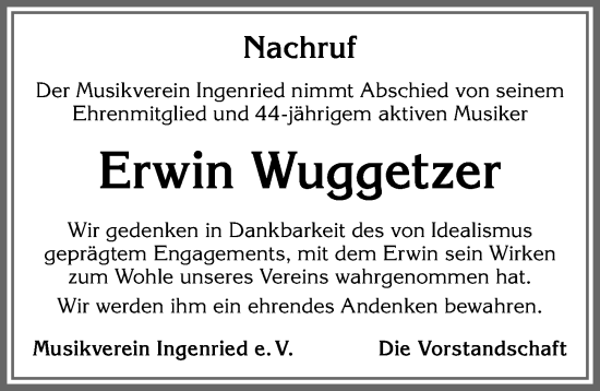 Traueranzeige von Erwin Wuggetzer von Allgäuer Zeitung, Kaufbeuren/Buchloe