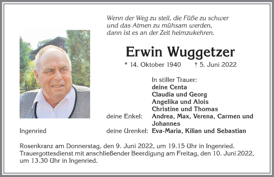 Traueranzeige von Erwin Wuggetzer von Allgäuer Zeitung, Kaufbeuren/Buchloe