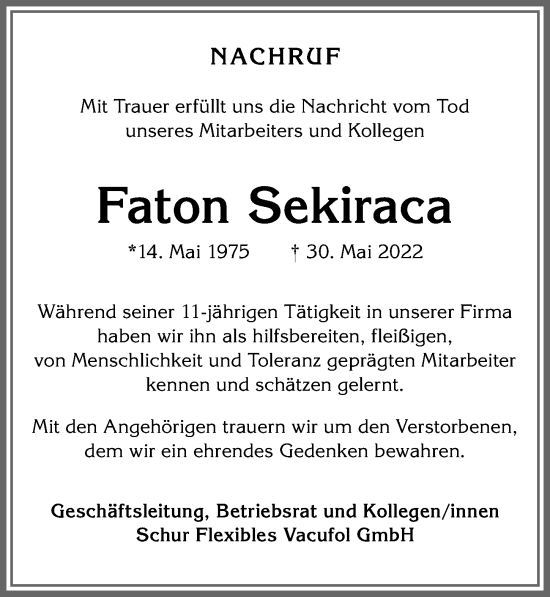 Traueranzeige von Faton Sekiraca von Allgäuer Zeitung,Kempten