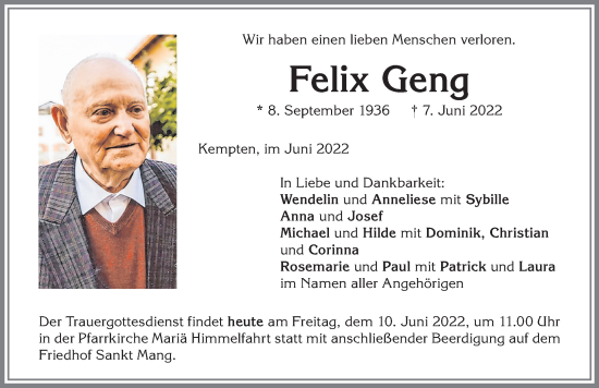 Traueranzeige von Felix Geng von Allgäuer Zeitung,Kempten