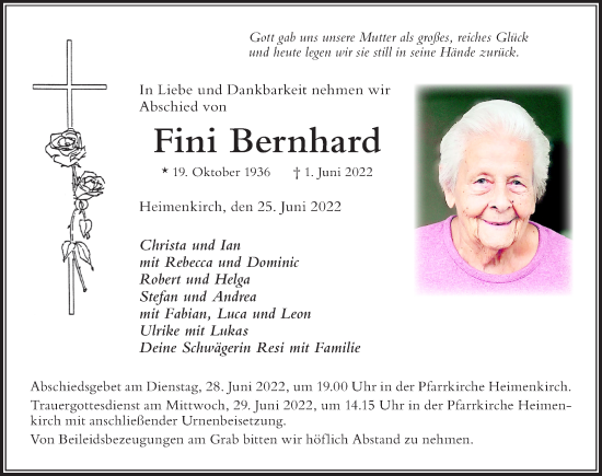 Traueranzeige von Fini Bernhard von Der Westallgäuer