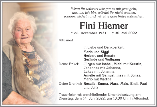 Traueranzeige von Fini Hiemer von Allgäuer Zeitung,Kempten