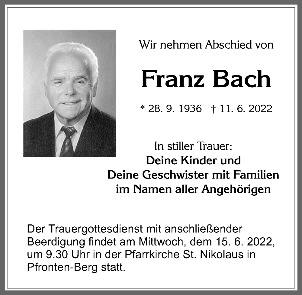  Traueranzeige für Franz Bach vom 14.06.2022 aus Allgäuer Zeitung, Füssen