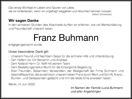 Traueranzeige von Franz Buhmann von Der Westallgäuer