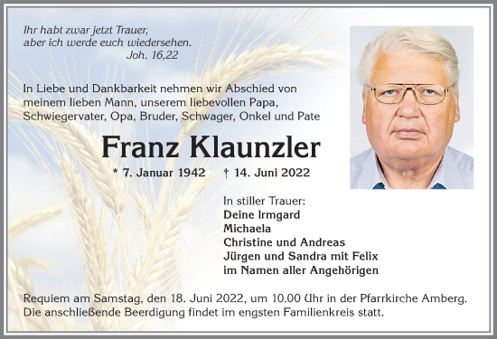 Traueranzeige von Franz Klaunzler von Augsburger Allgemeine, Mindelheimer Zeitung