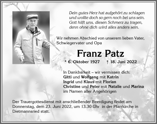Traueranzeige von Franz Patz von Allgäuer Zeitung,Kempten