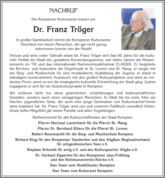 Traueranzeige von Franz Tröger von Allgäuer Zeitung,Kempten