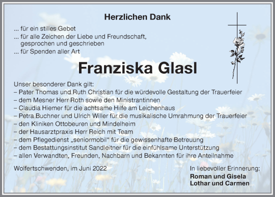 Traueranzeige von Franziska Glasl von Memminger Zeitung