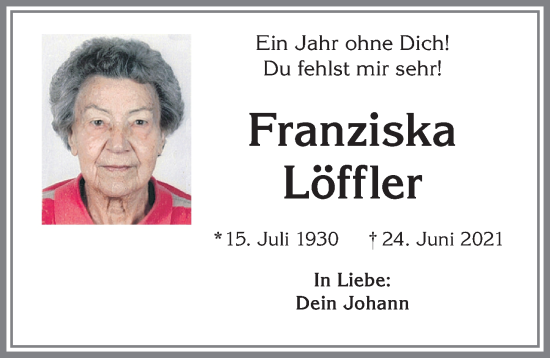 Traueranzeige von Franziska Löffler von Allgäuer Zeitung, Kaufbeuren/Buchloe