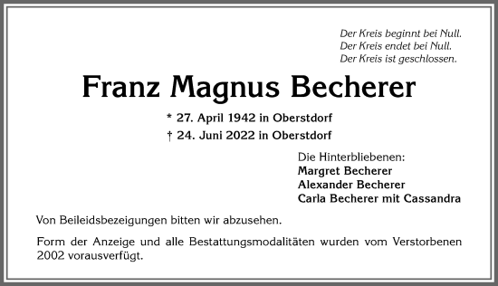 Traueranzeige von Franz Magnus Becherer von Allgäuer Anzeigeblatt